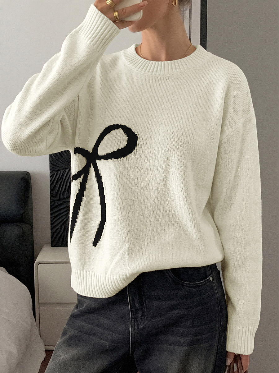 Cream White Crew Neck Knit Sweater Big Contrast Black Bow Embroidery Long Sleeve Loose Pullover