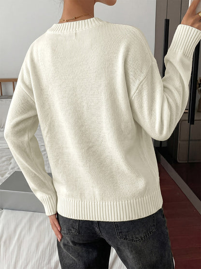 Cream White Crew Neck Knit Sweater Big Contrast Black Bow Embroidery Long Sleeve Loose Pullover