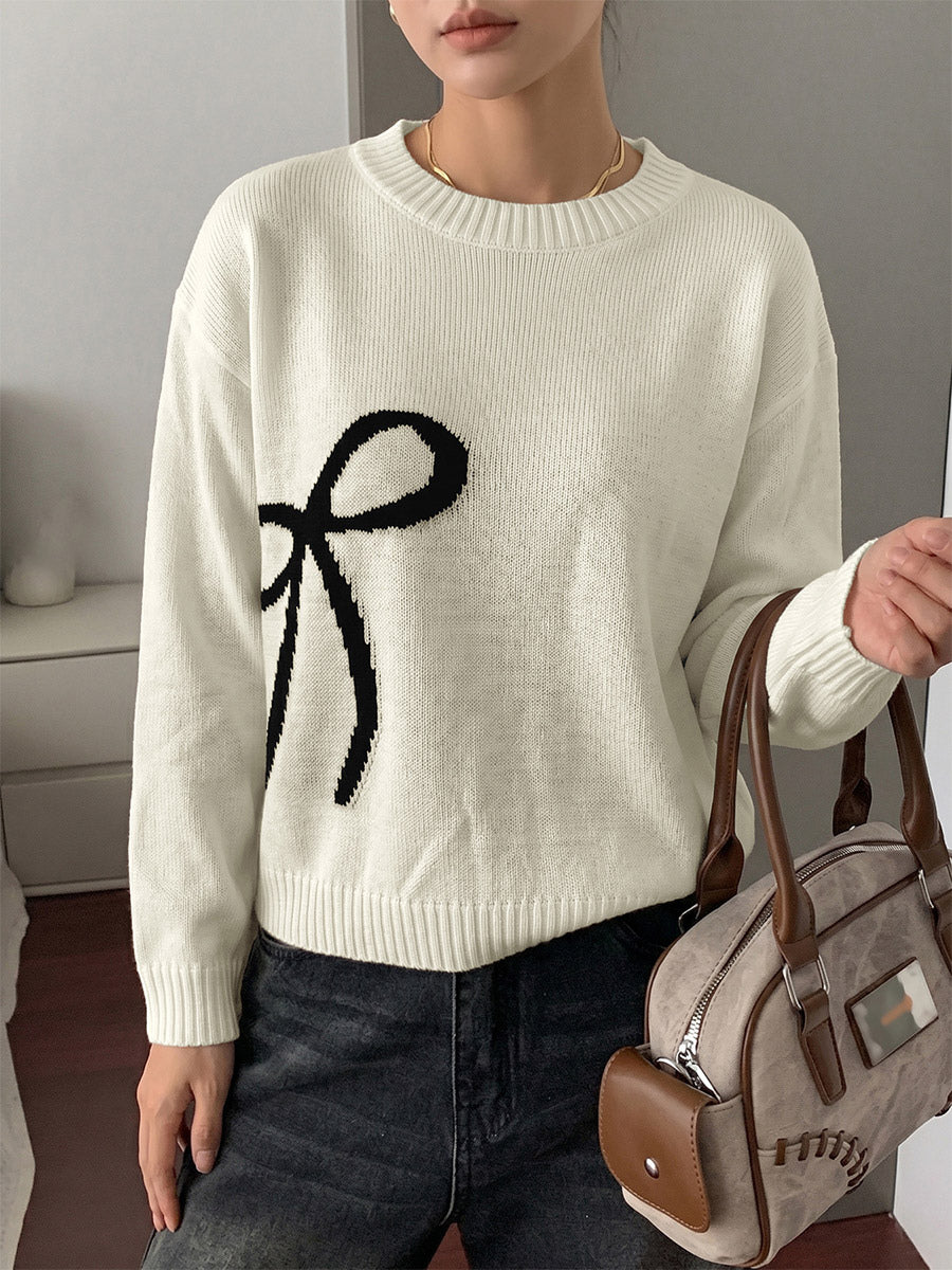 Cream White Crew Neck Knit Sweater Big Contrast Black Bow Embroidery Long Sleeve Loose Pullover