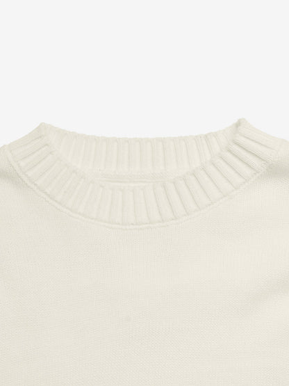 Cream White Crew Neck Knit Sweater Big Contrast Black Bow Embroidery Long Sleeve Loose Pullover