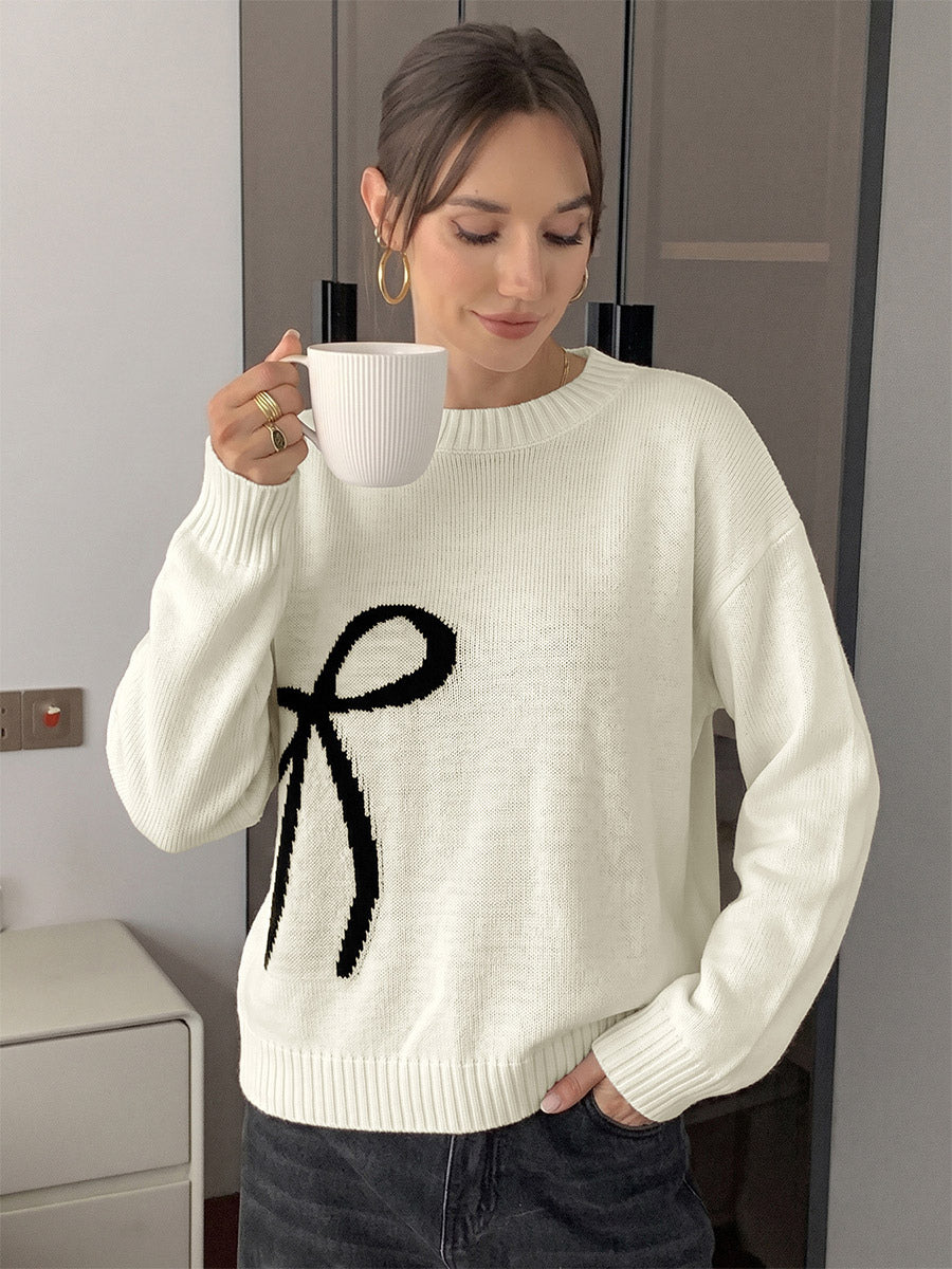 Cream White Crew Neck Knit Sweater Big Contrast Black Bow Embroidery Long Sleeve Loose Pullover