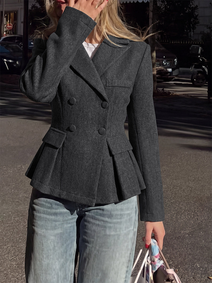 Dark Gray Wool Blend Peplum Blazer Women Double Breasted Lapel Slim Waist Short Suit Jacket
