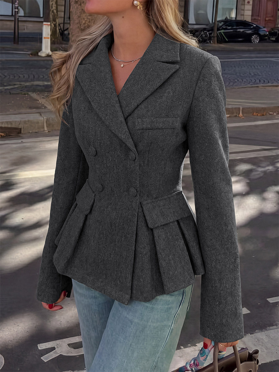 Dark Gray Wool Blend Peplum Blazer Women Double Breasted Lapel Slim Waist Short Suit Jacket