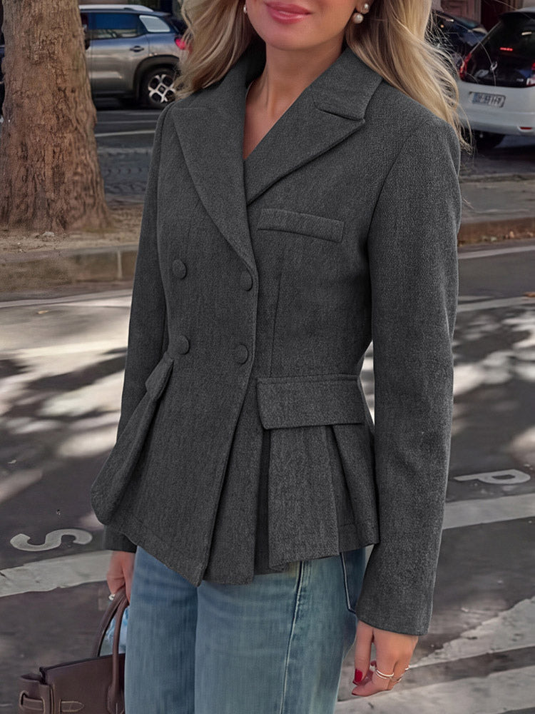 Dark Gray Wool Blend Peplum Blazer Women Double Breasted Lapel Slim Waist Short Suit Jacket