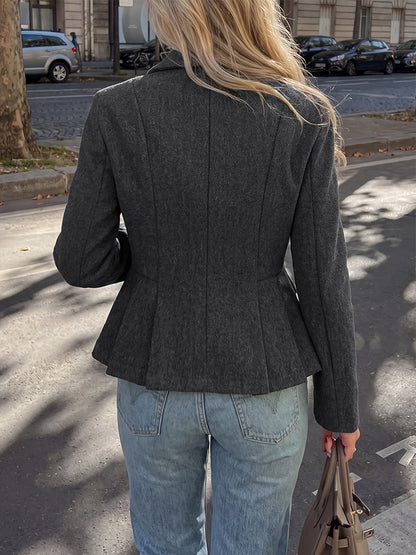 Dark Gray Wool Blend Peplum Blazer Women Double Breasted Lapel Slim Waist Short Suit Jacket