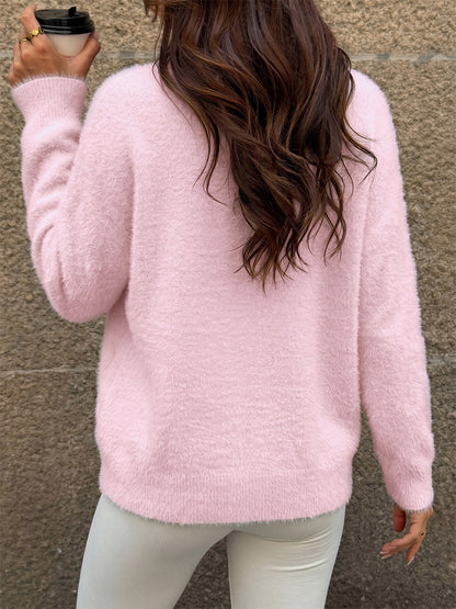 Pink Fuzzy Off Shoulder Sweater Long Sleeve Oversized Soft Fluffy Mink Knit Casual Pullover