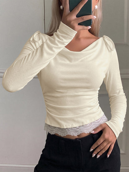 Women Draped Cowl Neck Long Sleeve Tee Shoulder Tie Detail Lace Trim Hem Slim Casual Shirt