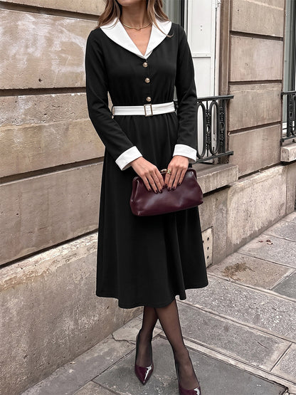 Date Night Dresses Black Contrast White Lapel Midi Long Sleeve Button Waist A-Line Vintage Dress