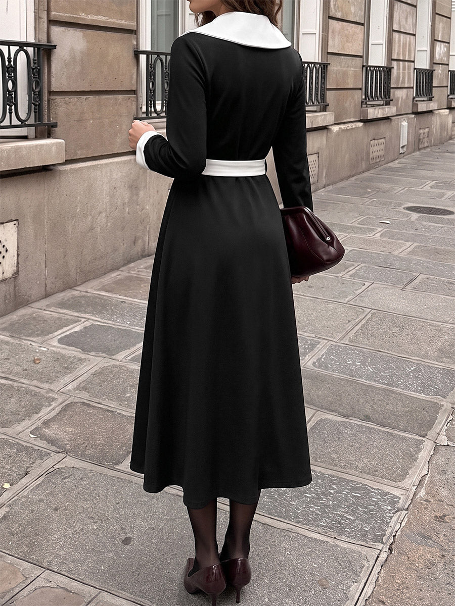 Date Night Dresses Black Contrast White Lapel Midi Long Sleeve Button Waist A-Line Vintage Dress
