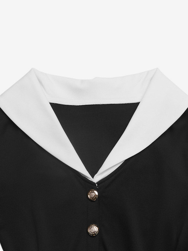 Date Night Dresses Black Contrast White Lapel Midi Long Sleeve Button Waist A-Line Vintage Dress