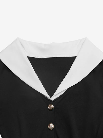 Date Night Dresses Black Contrast White Lapel Midi Long Sleeve Button Waist A-Line Vintage Dress