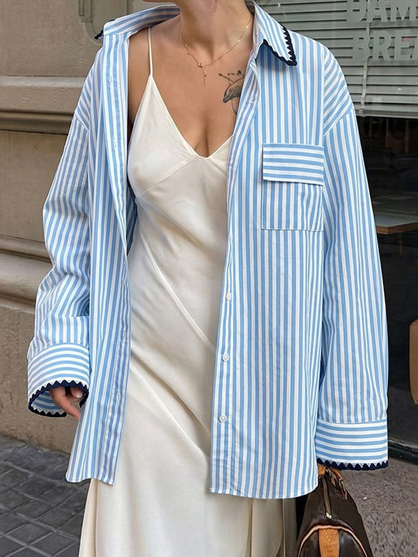Blue White Striped Oversized Shirt Contrast Black Scallop Trim Collar Pocket Casual Blouse