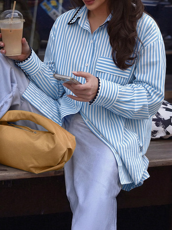 Blue White Striped Oversized Shirt Contrast Black Scallop Trim Collar Pocket Casual Blouse