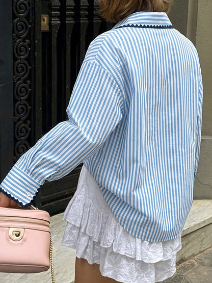 Blue White Striped Oversized Shirt Contrast Black Scallop Trim Collar Pocket Casual Blouse