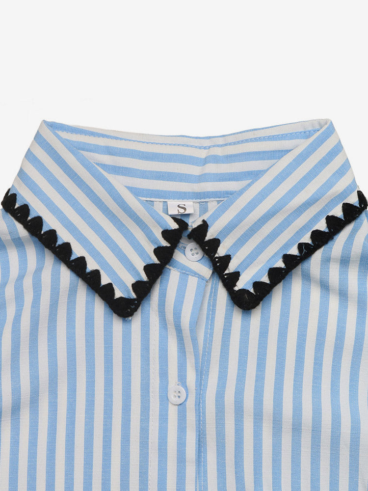 Blue White Striped Oversized Shirt Contrast Black Scallop Trim Collar Pocket Casual Blouse