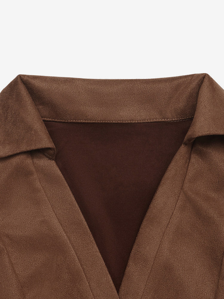 Brown Faux Suede Mini Dress Lapel Collar V Neck Long Sleeve Seamed Waist Flared Skirt Fall Dress