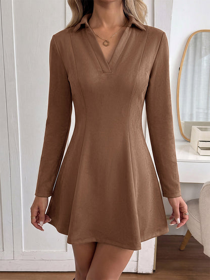 Brown Faux Suede Mini Dress Lapel Collar V Neck Long Sleeve Seamed Waist Flared Skirt Fall Dress