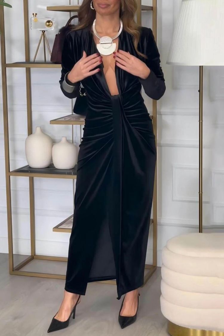 Classic Elegant Pleated Deep V Slit Party Maxi Dress