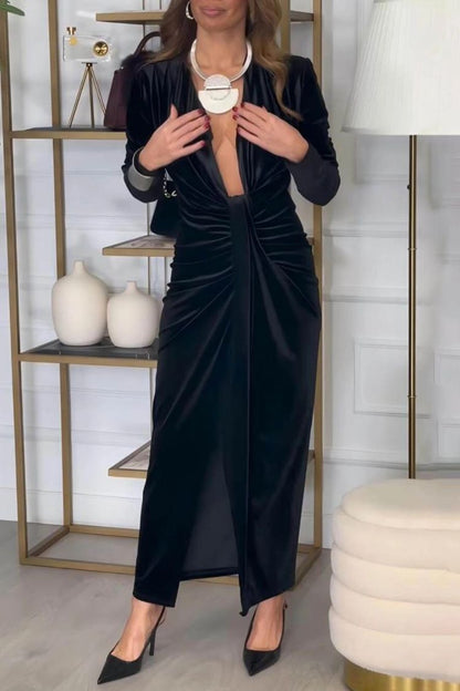 Classic Elegant Pleated Deep V Slit Party Maxi Dress