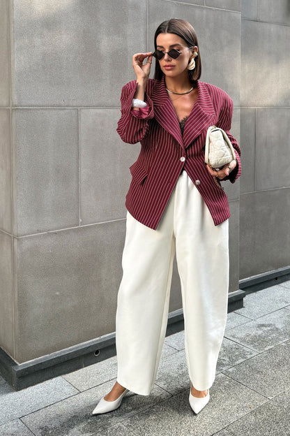 Striped Fitted Waist Designer Blazer Coat