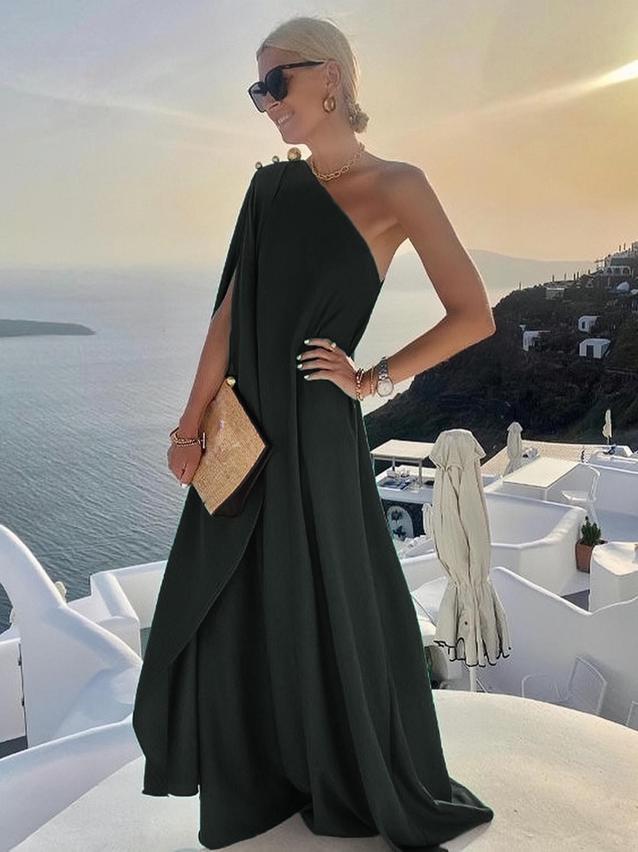 One Shoulder Maxi Dress for Women - Minimalist Cape Sleeve Drape Gown - Summer Beach Wedding Guest 2026