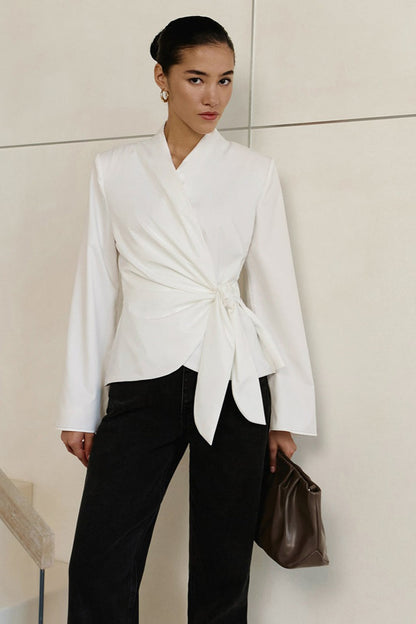 V Neck Asymmetric Tie Blouse