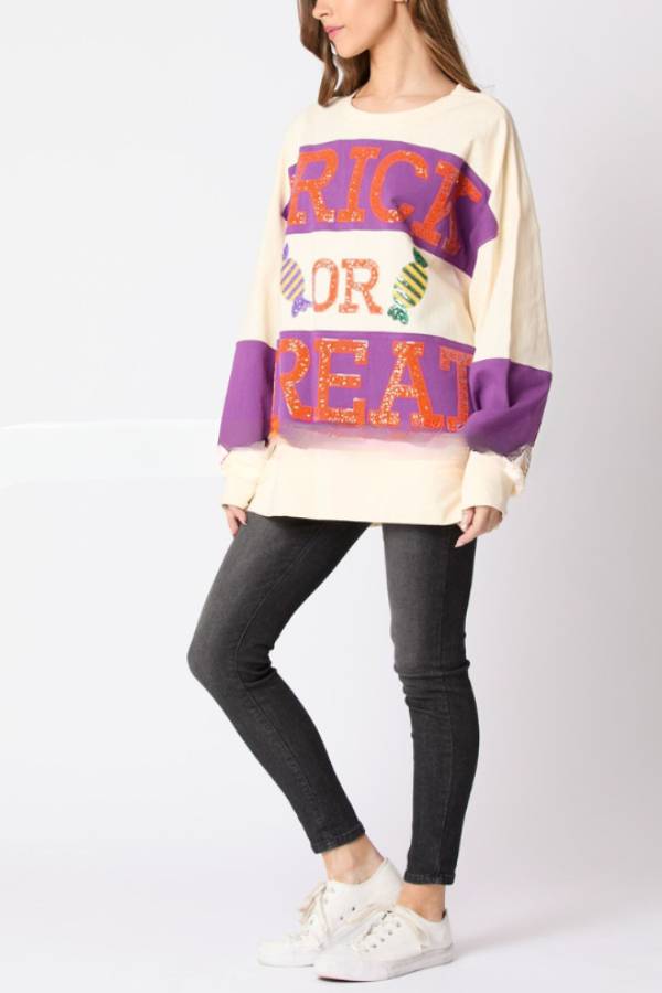 Halloween Letter Sequined Colorblock Sweatshirt Casual Top