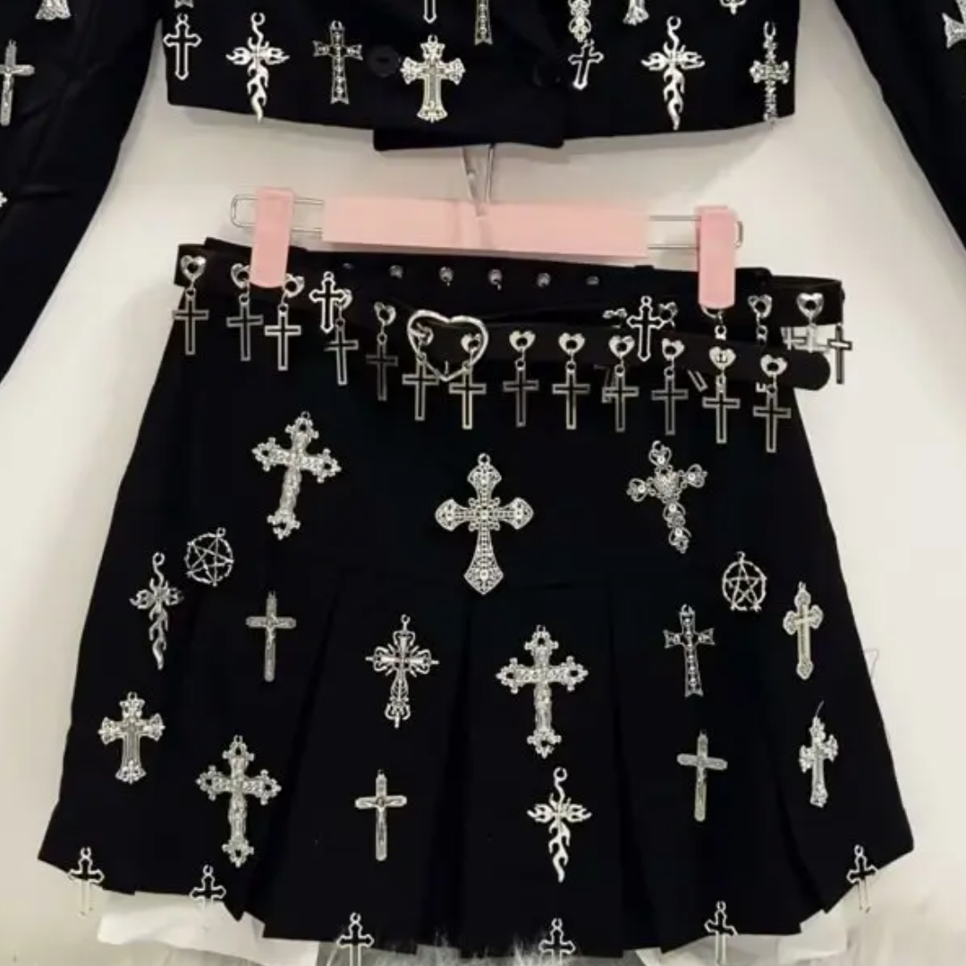 Long sleeve cross applique belt mini skirt set