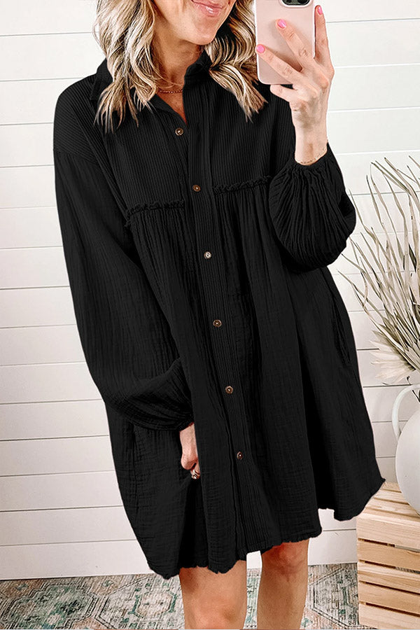 Patchwork Crinkled Puff Sleeve Raw Hem Dress