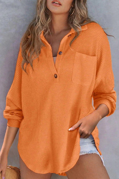 Solid Color Waffle Loose Casual Knitted Pocket Top