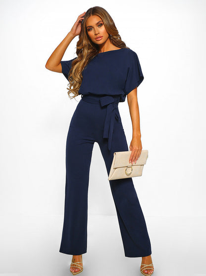 Deep Blue Jumpsuit Lace Up Knotted Natural Waist Trousers Outfit