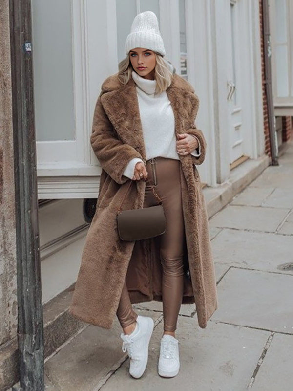 Longline Fux Fur Coat Notched Lapel Belted Eco-friendly Winter Jacket 2026