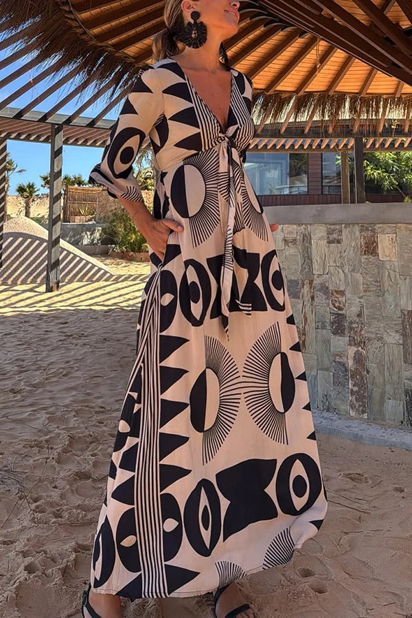 Unique Print V-Neck Tie Loose Pocket Casual Maxi Dress