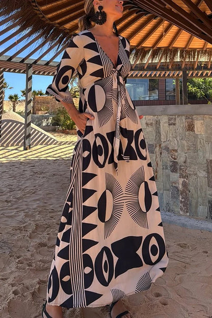 Unique Print V-Neck Tie Loose Pocket Casual Maxi Dress