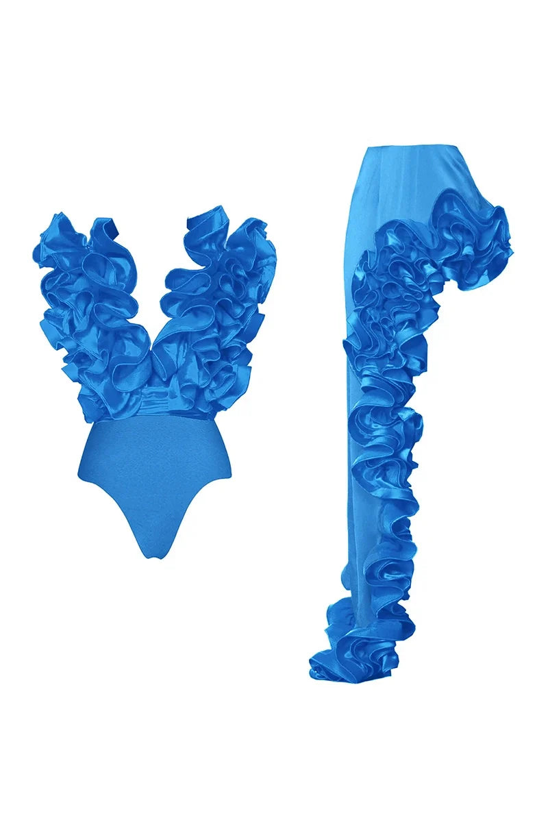 Lace V-Neck Blue Swimsuit