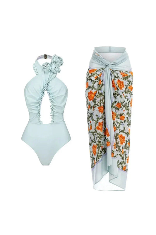 Halter Backless Swimsuit with 3D Floral Set