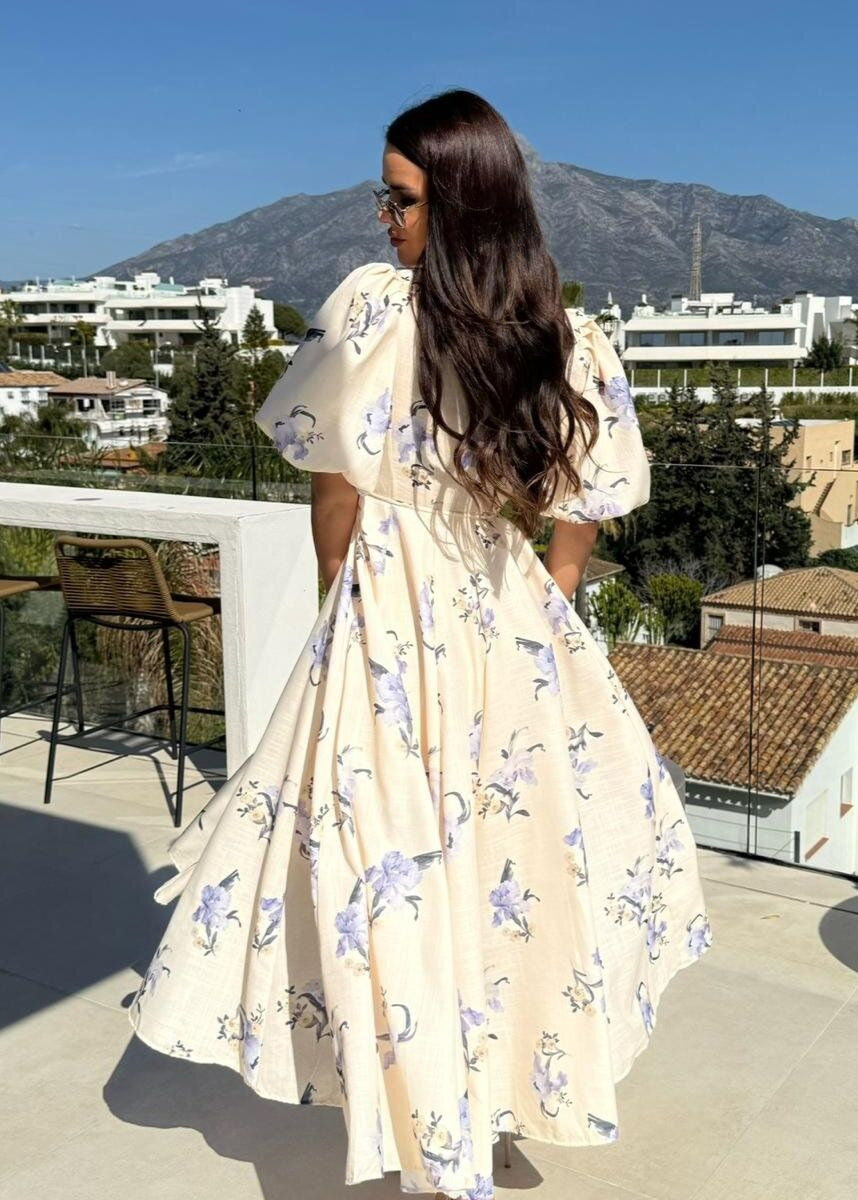 Beige Floral Puff Sleeve Maxi Dress – Elegant V-Neck A-Line Gown