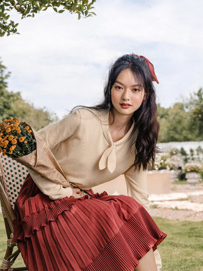 Adorable Vintage Rabbit Collar Knit Red Top-Beige