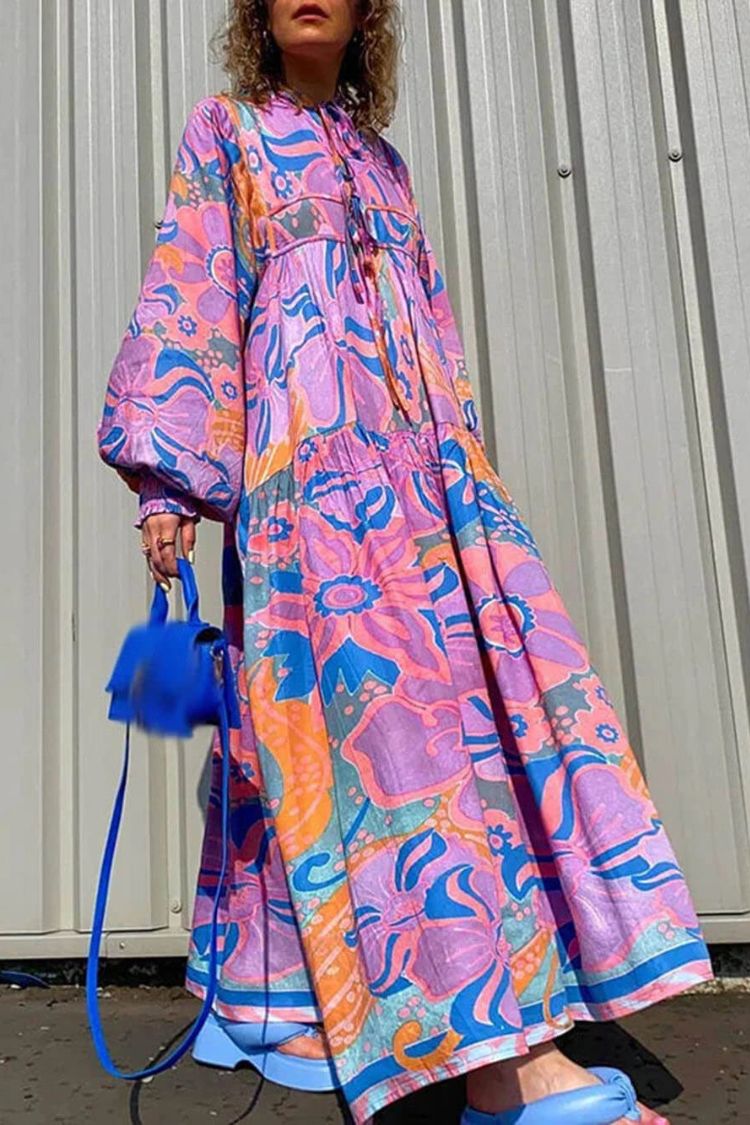 Bohemian Floral Print Tie Lantern Sleeve A-Line Pleated Holiday Deach Dress