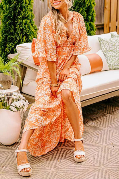 Orange Floral Print Smocked V Neck Bell Sleeve Maxi Dress