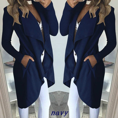 Fashion Solid Color Lapel Slim Long Windbreaker Jacket