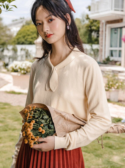 Adorable Vintage Rabbit Collar Knit Red Top-Beige