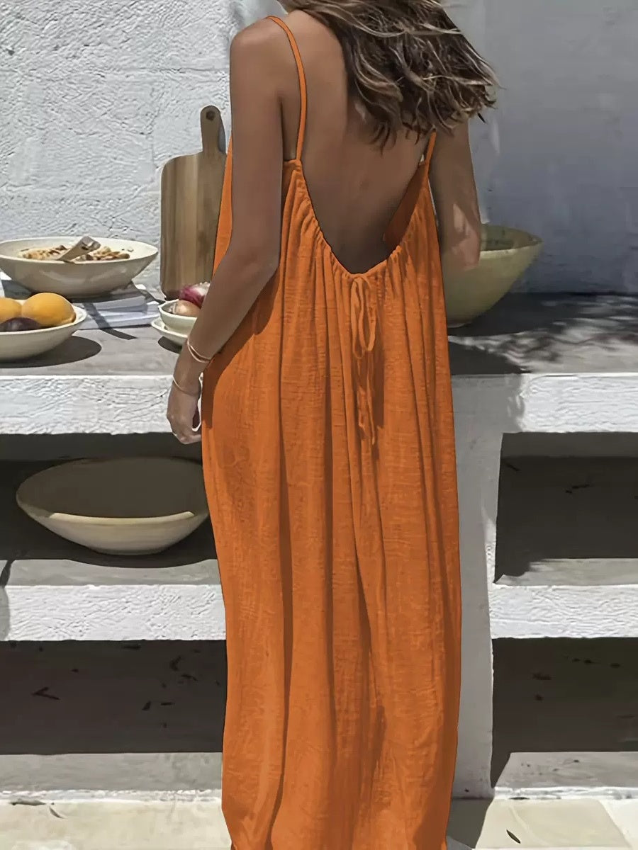 Lace-up Backless Loose-fitting Spaghetti Strap Long Dress