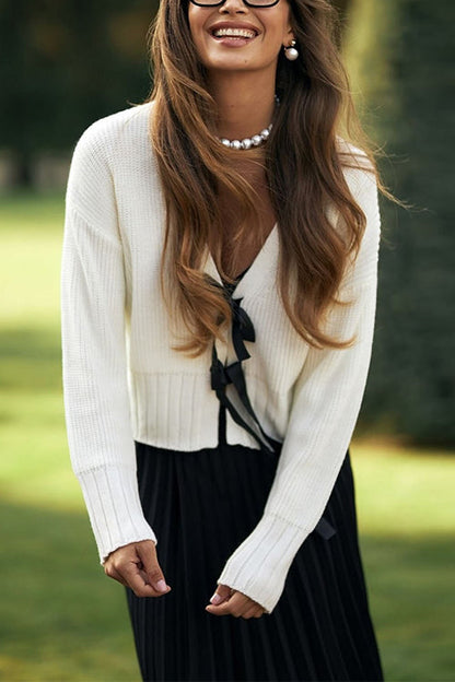 V Neck Bow Tie Front Elegant Sweater