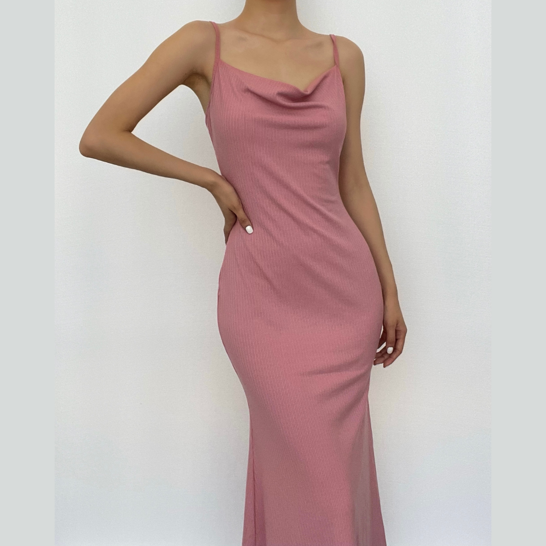 Ribbed Knit Spaghetti Strap Cowl Neck Bodycon Maxi Dress