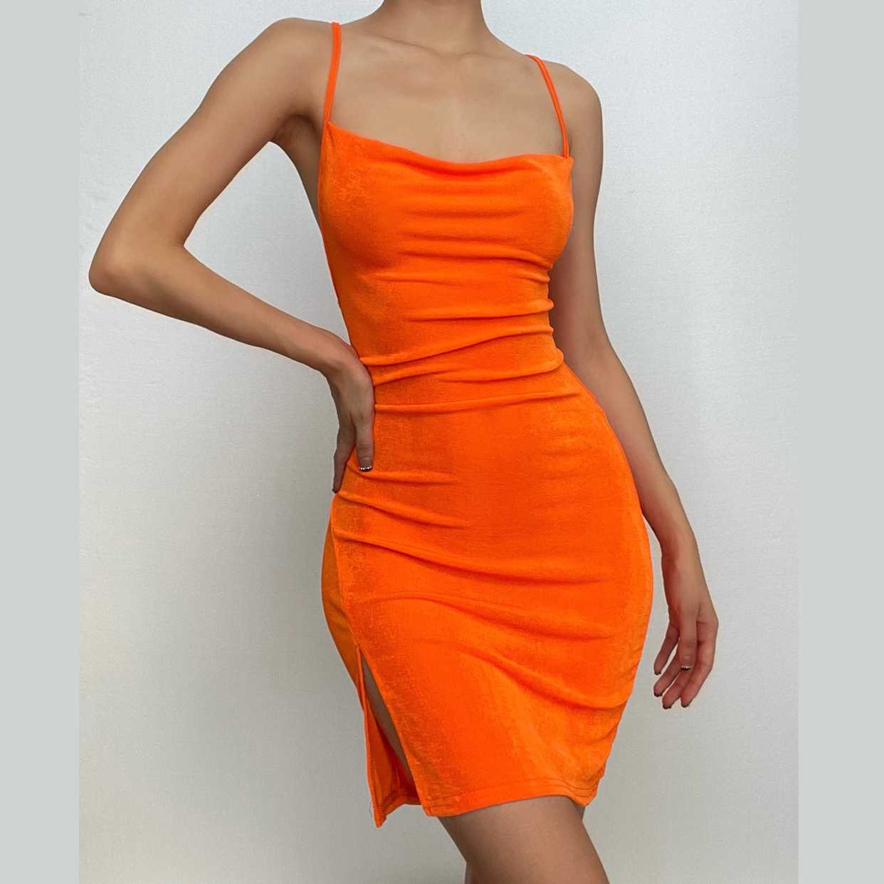 Cowl Neck Spaghetti Strap Side Slit Backless Bodycon Mini Dress