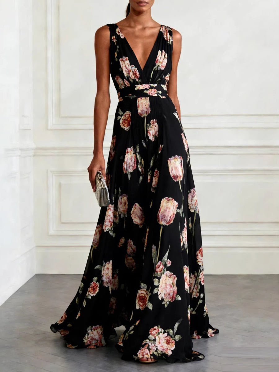Floral Printed Parties V-neck Sleeveless Maxi Dresses