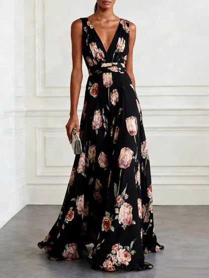 Floral Printed Parties V-neck Sleeveless Maxi Dresses