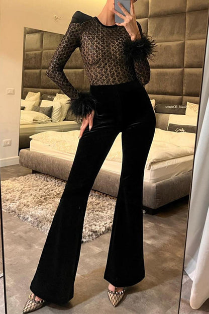 Feather Cuffs Bell Bottom Velvet Splice Jumpsuit