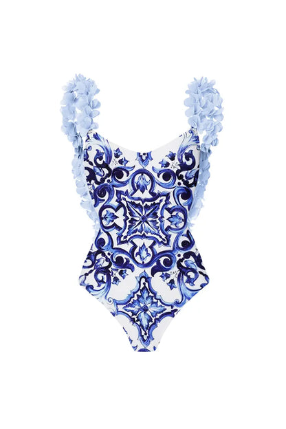 Blue One-Piece Bikini with Handmade Appliqué